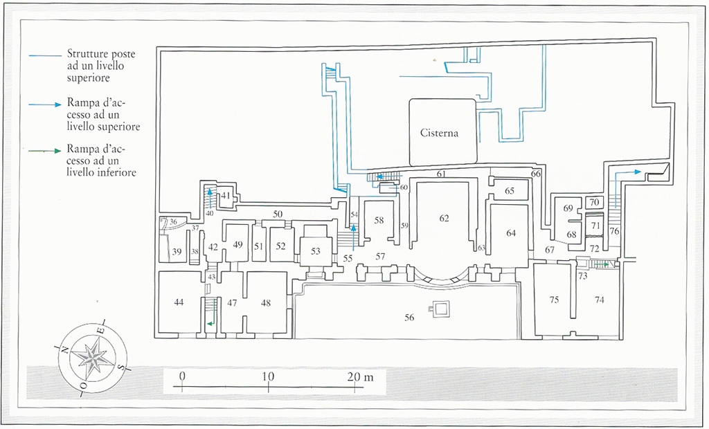 71622 first lower floor plan VII .16.22 Pompeii. Casa di Fabio Rufo or House of M Fabius Rufus. Planimetra del primo piano sottostante. Plan of first lower floor.
Plan M. Notomista and E. Piccirilli.
See Aoyagi M., Pappalardo U., 2006. Pompei (Regiones VI-VII) Insula Occidentalis. Napoli: Valtrend, p 271, Tav. 9.